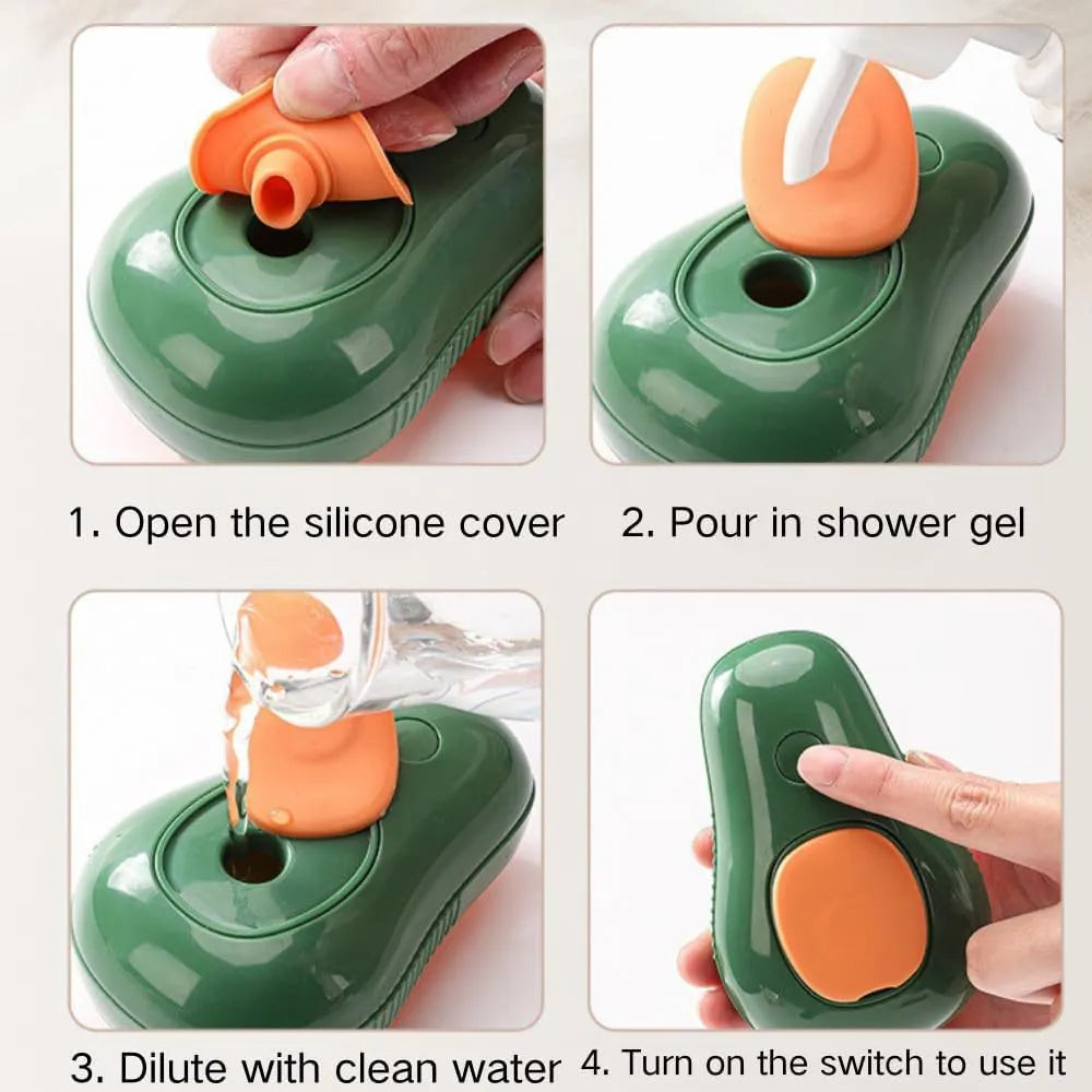 Green and white rechargeable cat steam brush with silicone teeth for grooming and massage.