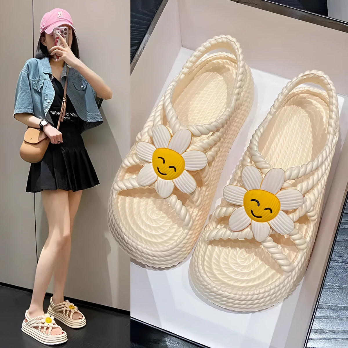 Women's PVC sandals with floral embroidery and non-slip soles in beige or black colours