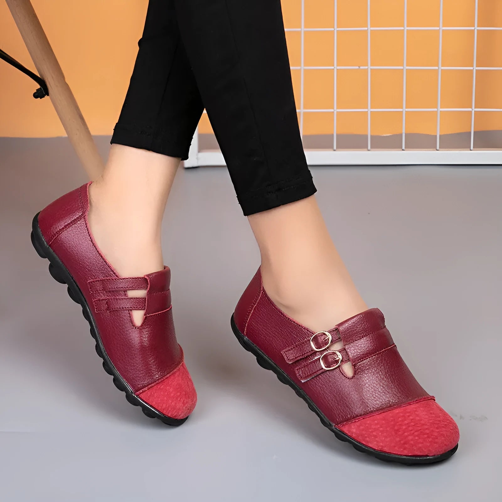 Button brand casual leather flat shoes with a Velcro strap, shown in multiple colours on a white background.