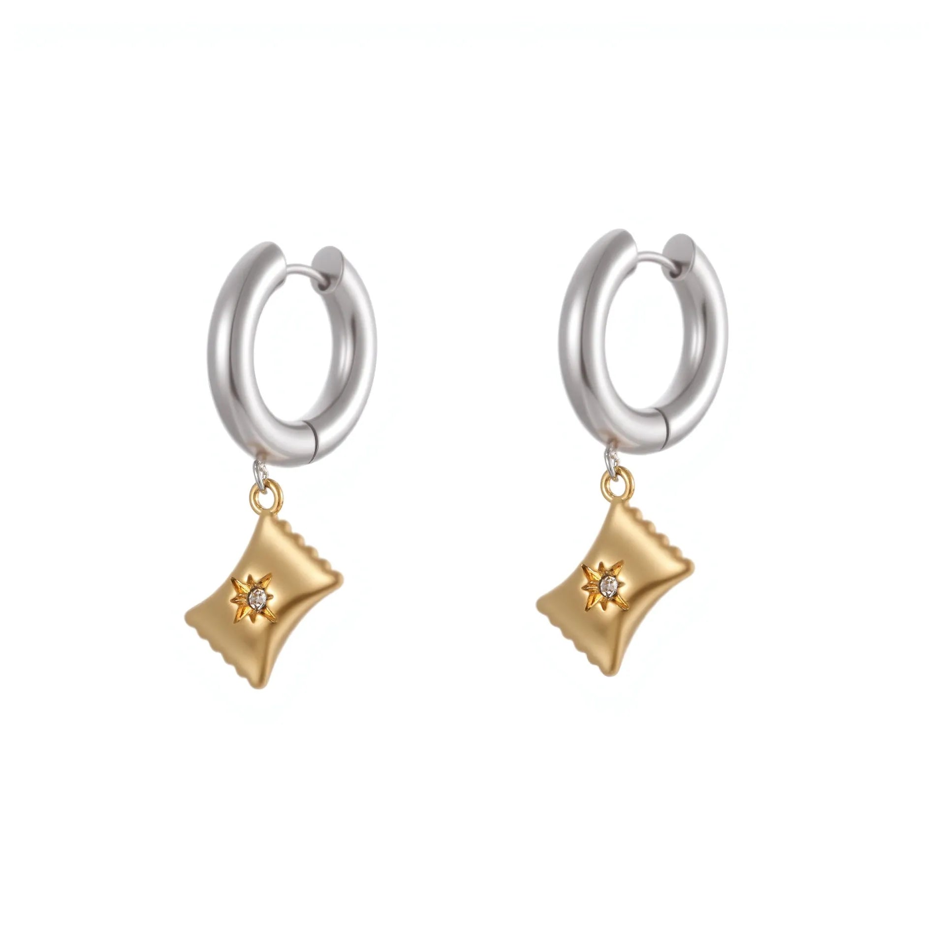 Christmas tree heart earrings in stainless steel with 18K gold plating showing star and geometric shapes