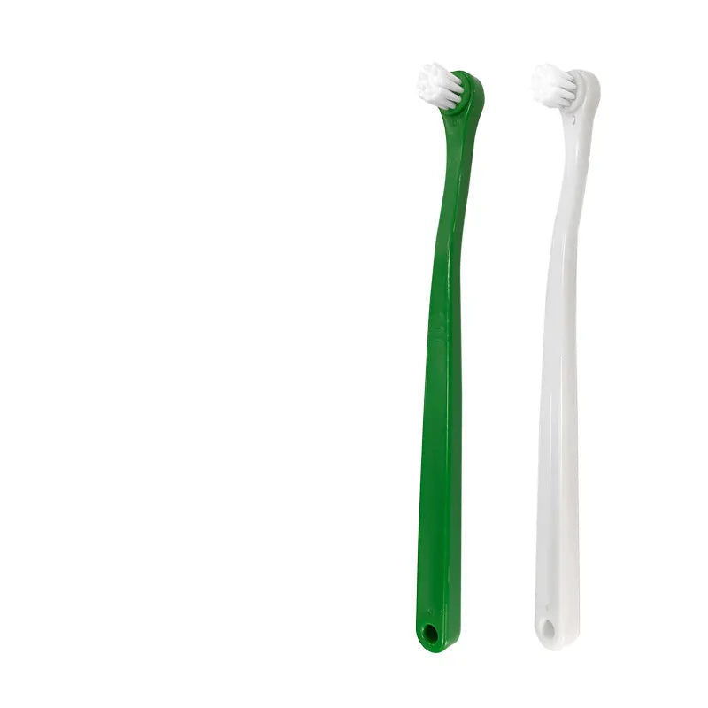 Double-headed plastic finger pet toothbrush for teeth cleaning and stain removal, shown in a choice of colours.