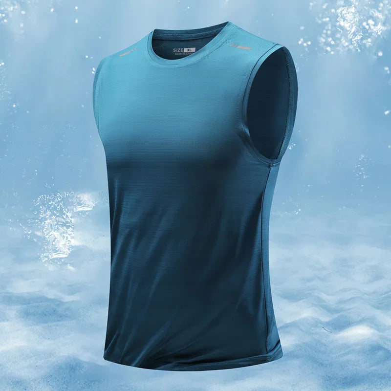Men's loose-fit sleeveless waistcoat vest in a solid colour, showing straight hem design.