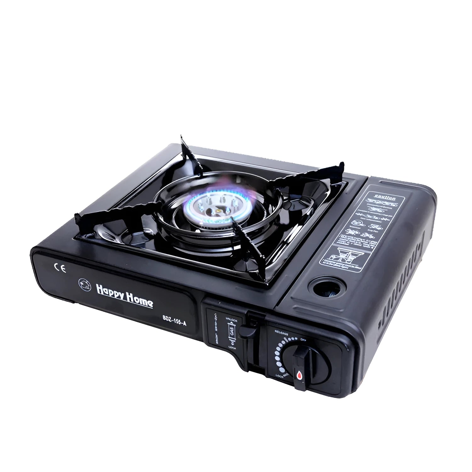 Outdoor windproof portable cassette stove in black plastic case with piezoelectric ignition and safety device