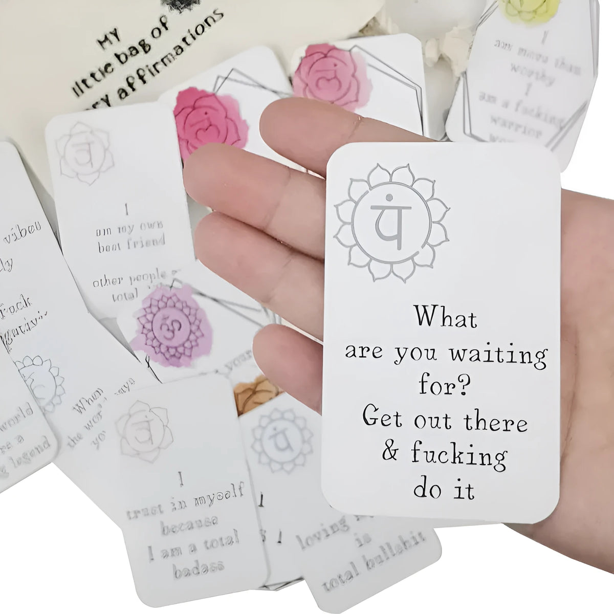 16 funny affirmation cards with soft adorable healing designs on cardboard