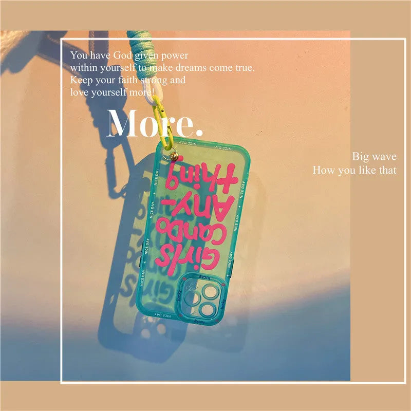 Graffiti personalised TPU phone case for iPhone with detachable blue lanyard, showing blue-haired girl or green crocodile artwork.