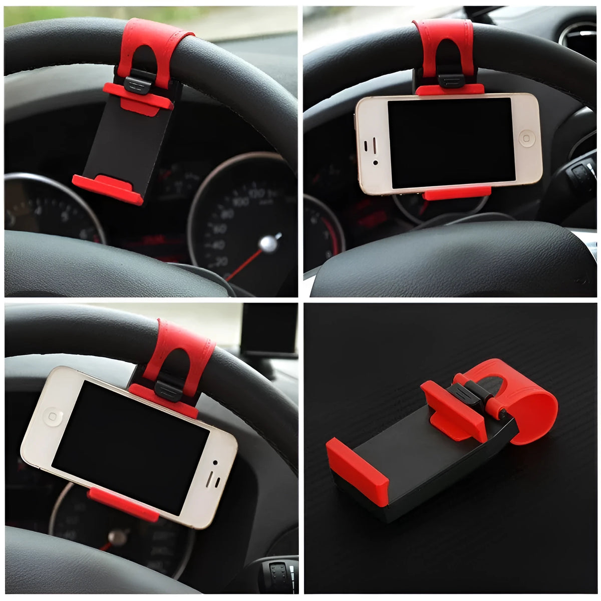 Black car steering wheel clip mount holder showing iPhone compatibility for hands-free navigation