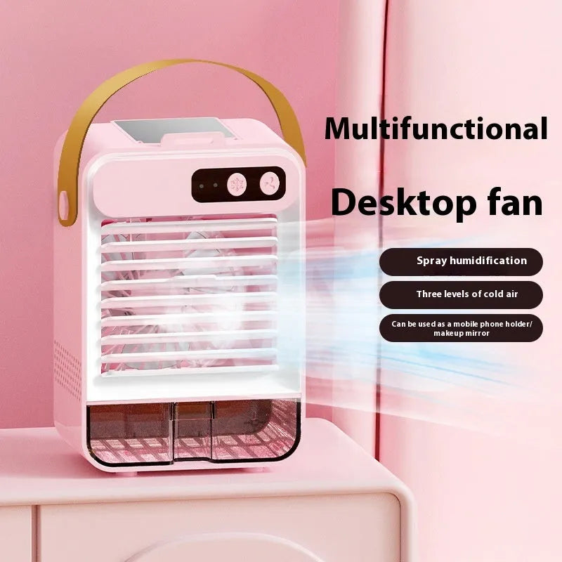 Dark green compact USB desktop humidifier with control buttons on a wooden desk.
