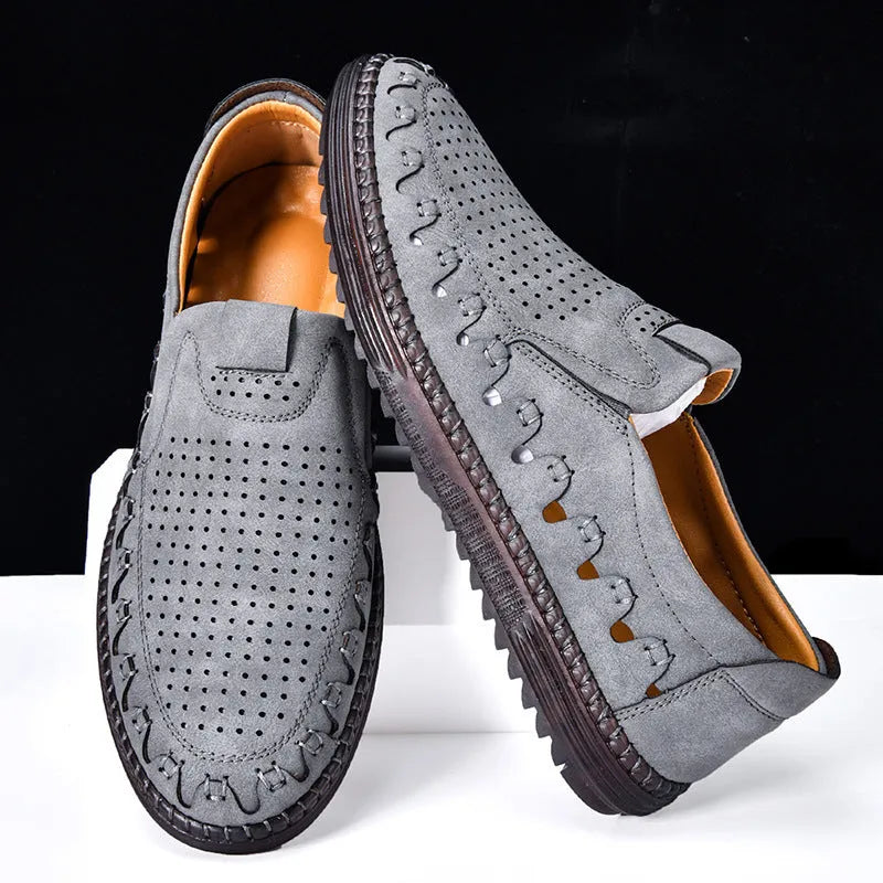 Men's brown slip-on casual shoes with round toe and sewing line details