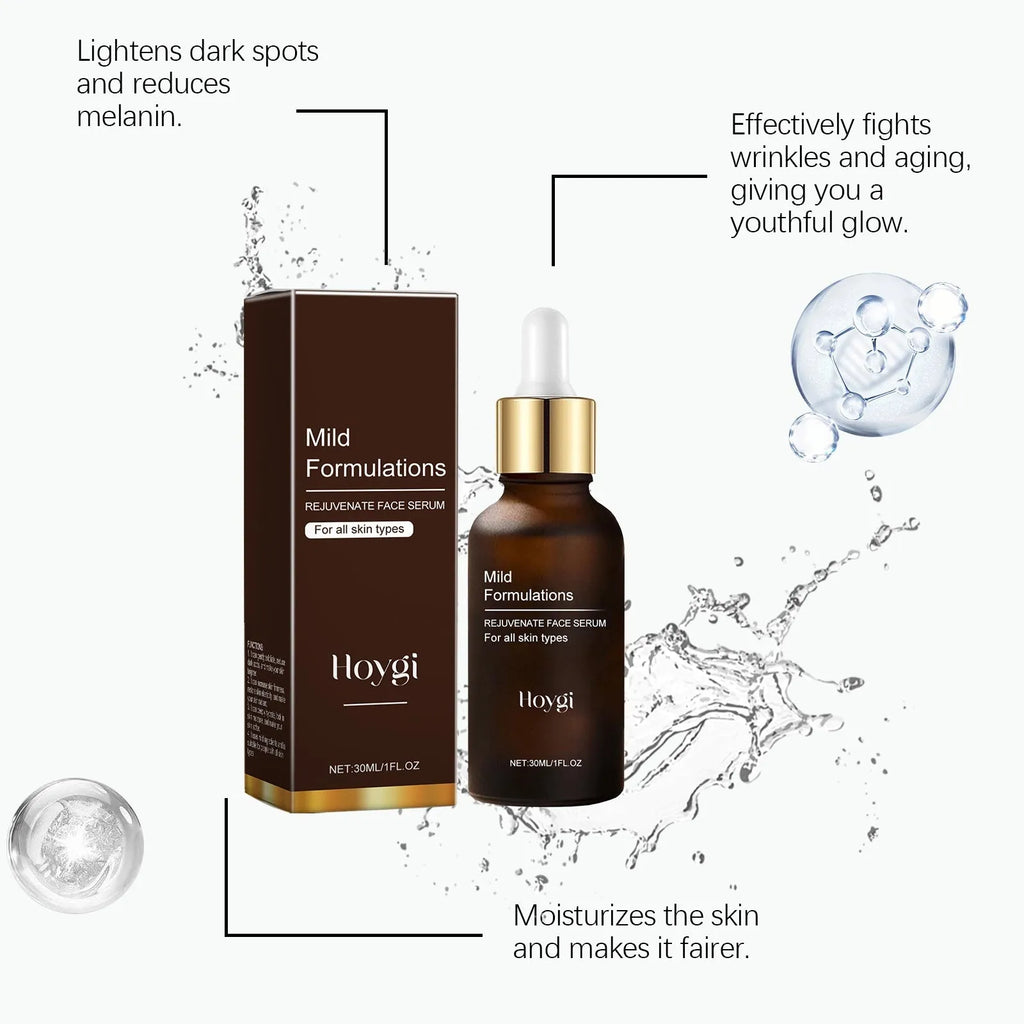 30ml facial essence bottle with clear liquid containing arbutin, collagen, vitamin C and hyaluronic acid