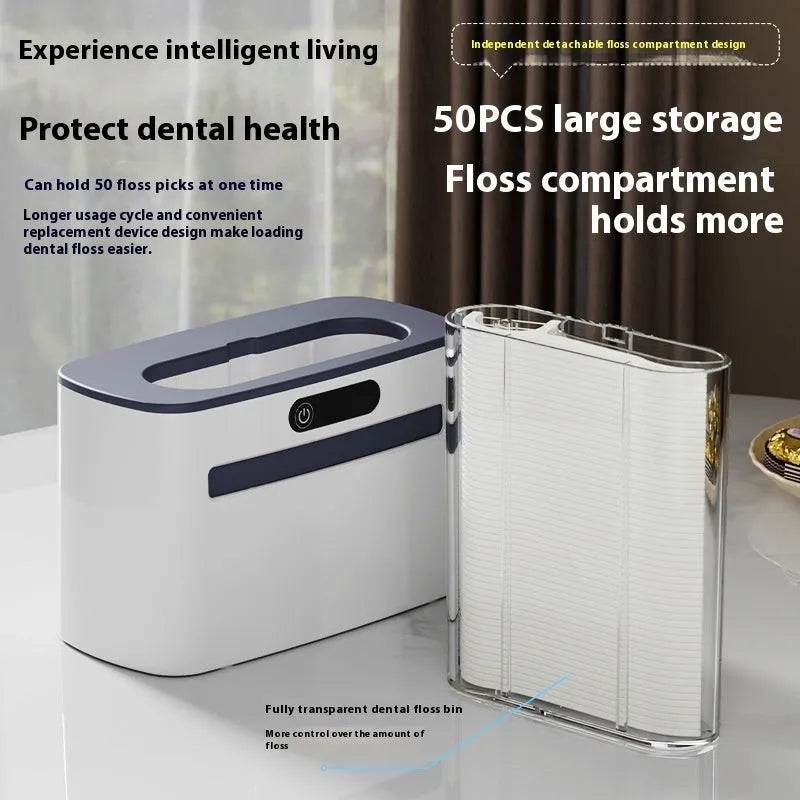 Automatic induction dental floss box in dark grey, gold, or light grey plastic with USB-C charging port.