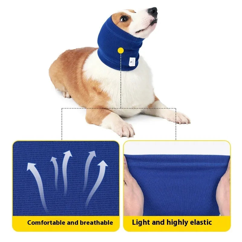 Blue polyester dog headband scarf comforter laid flat, showing its casual bandana shape and size.