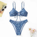 Blue polyester three-piece swimsuit without steel rings, showing top and shorts