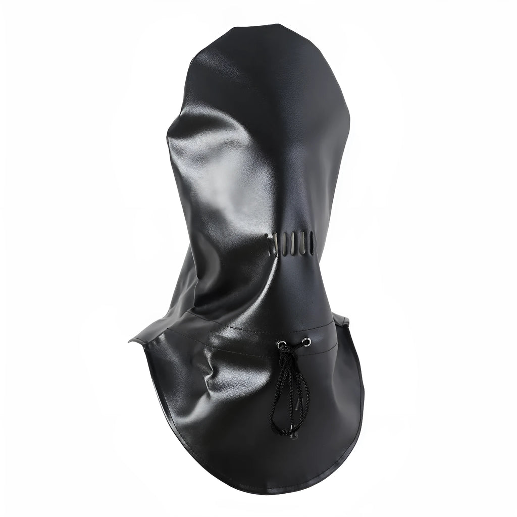 Black leather bondage mask covering eyes with adjustable fit for adult use