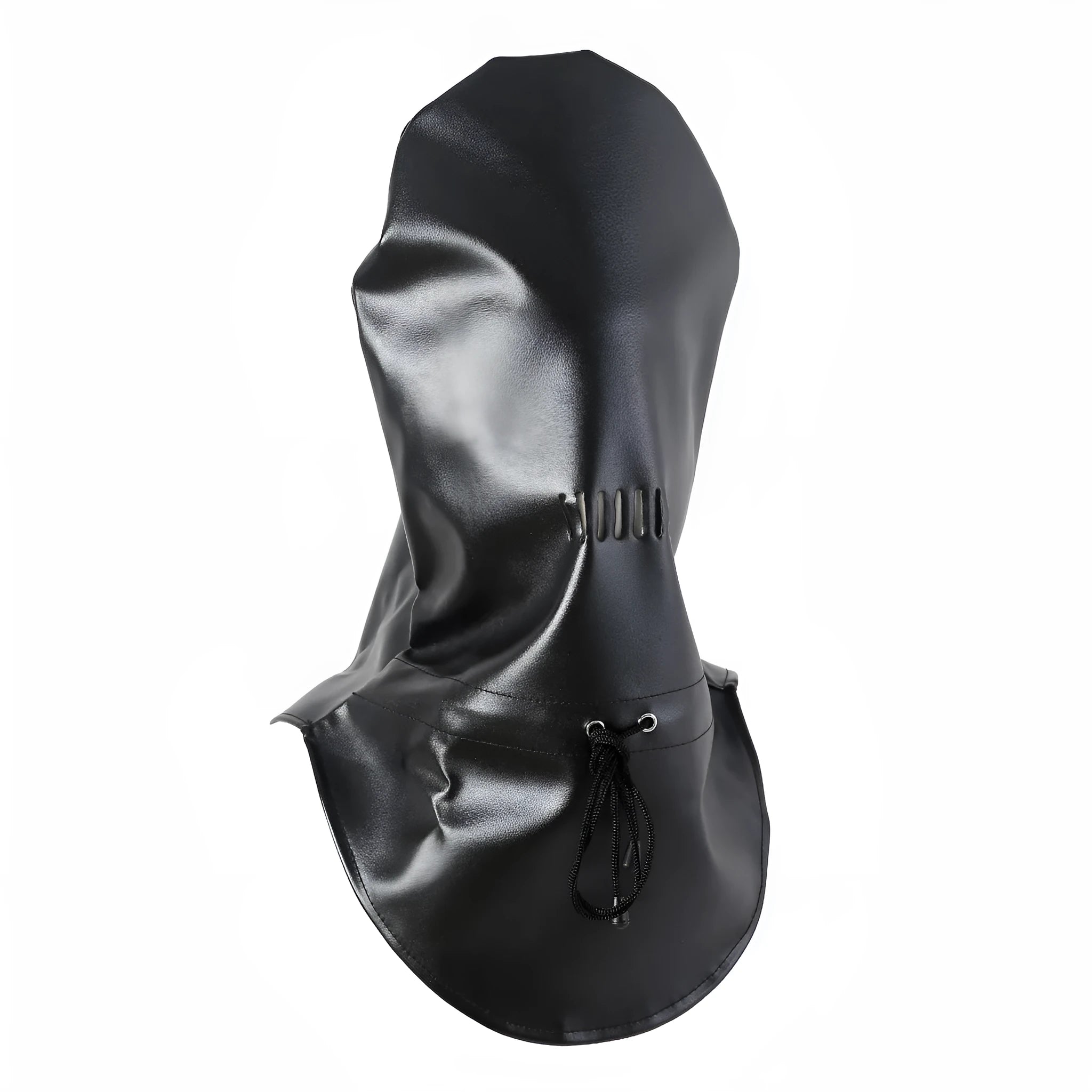 Black leather bondage mask covering eyes with adjustable fit for adult use