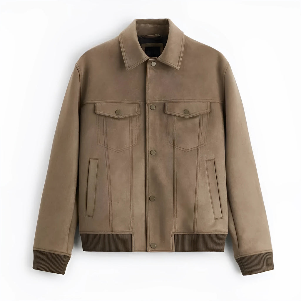 British style suede velvet commuter jacket in light grey or mink colour with long sleeves