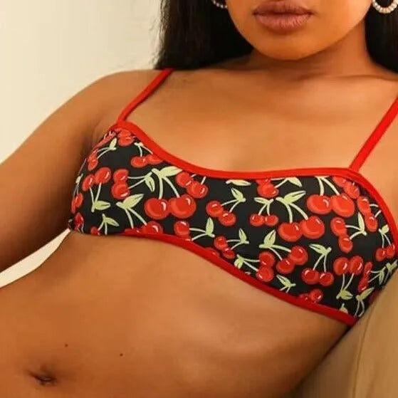 Women's cherry print tube top bikini set with brief bottoms in polyester fabric