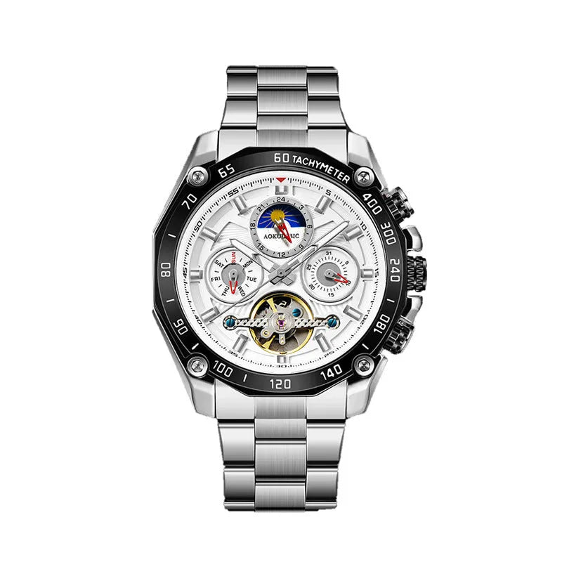Men's automatic mechanical watch showing 12mm thickness with black steel, natural silver, and gold steel colour options