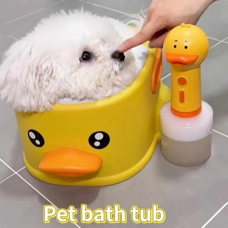 Blue PVC duck-shaped foldable bathtub for washing dogs and cats on a flat surface