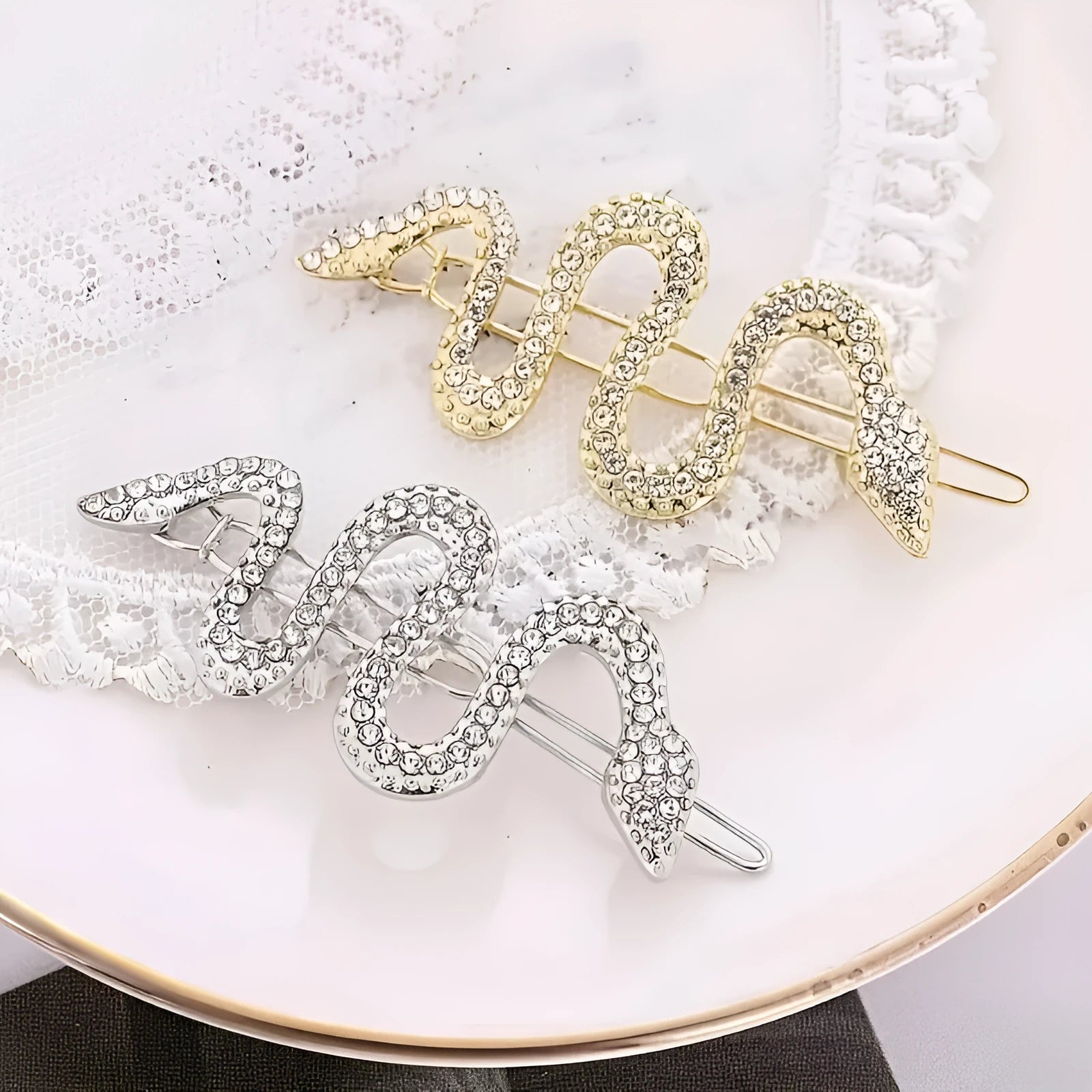 Korean vintage snake design hair clip barrettes in gold and silver with rhinestone detailing