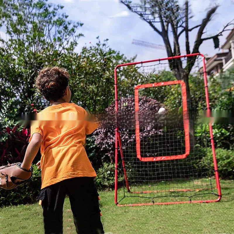 Red portable baseball training net with adjustable 4x6 foot metal frame folded to 95x16x14.5cm