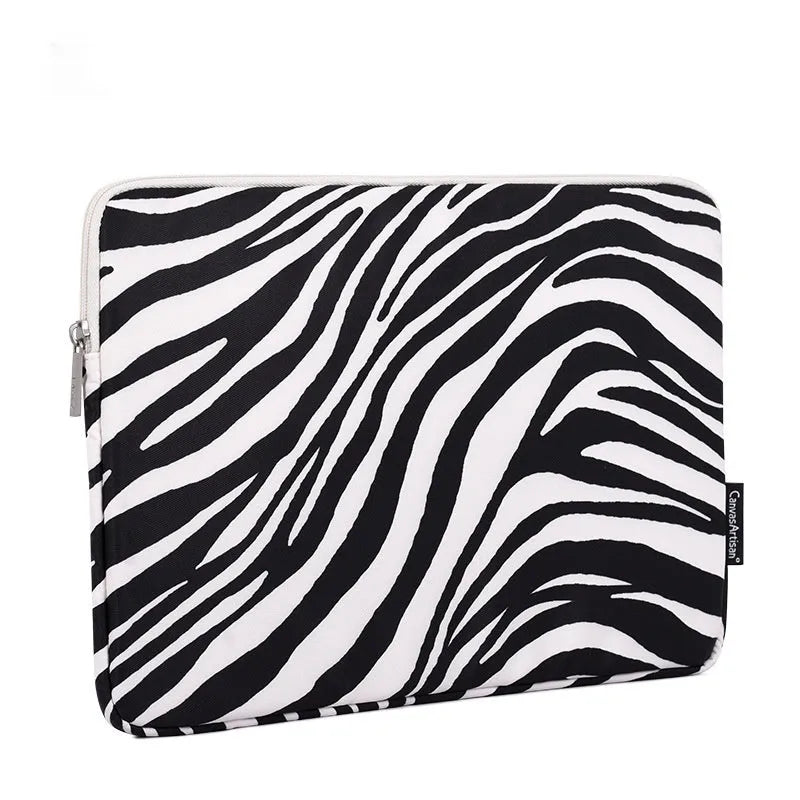 Zebra pattern polyester laptop protective sleeve in black and white, digital notebook cover