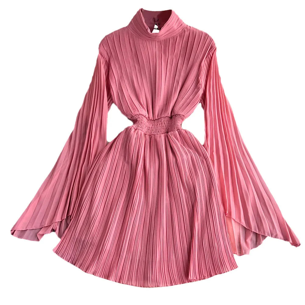 A-line chiffon midi dress with long sleeves and stand collar in high-waist design, available in multiple colours
