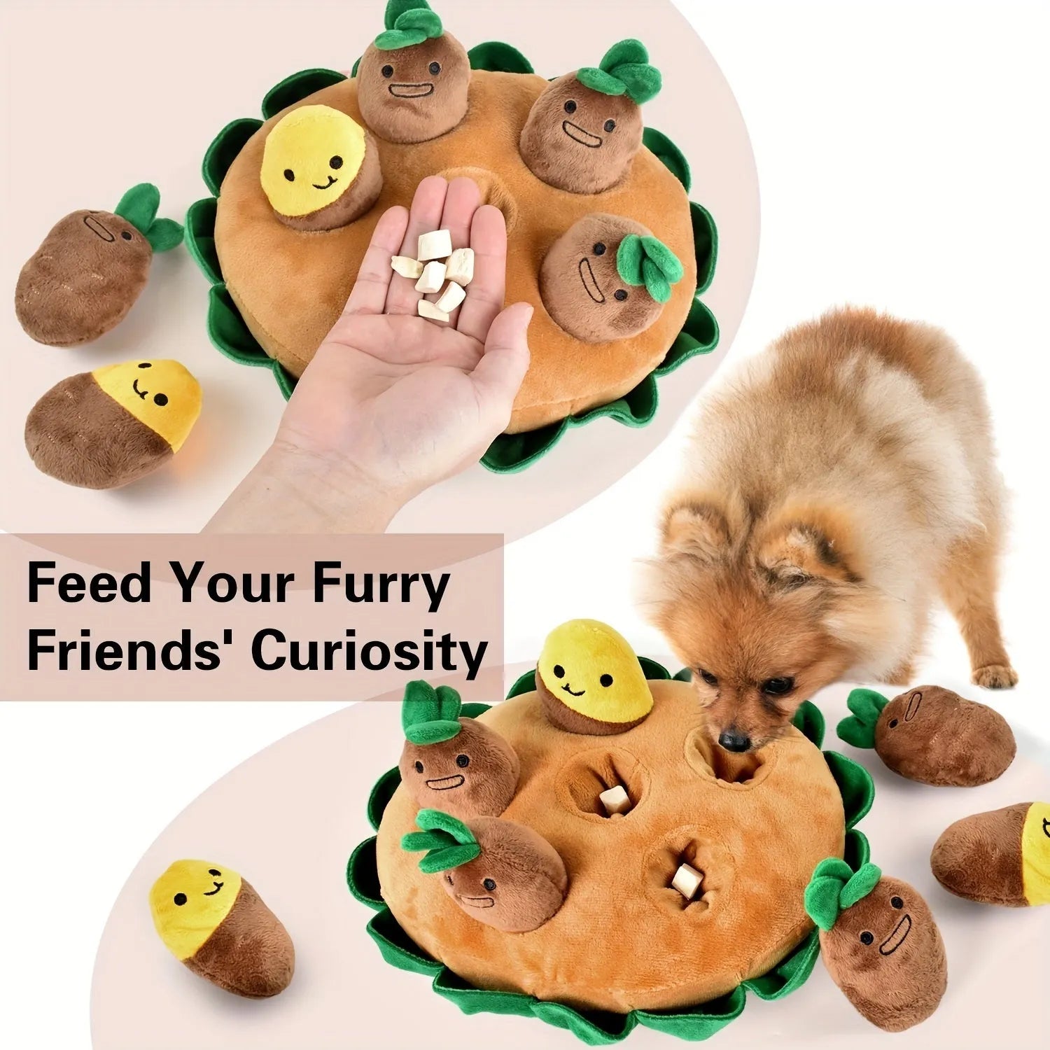 Yellow interactive dog puzzle mat with flaps and removable squeaky toys for slow feeding and foraging games.