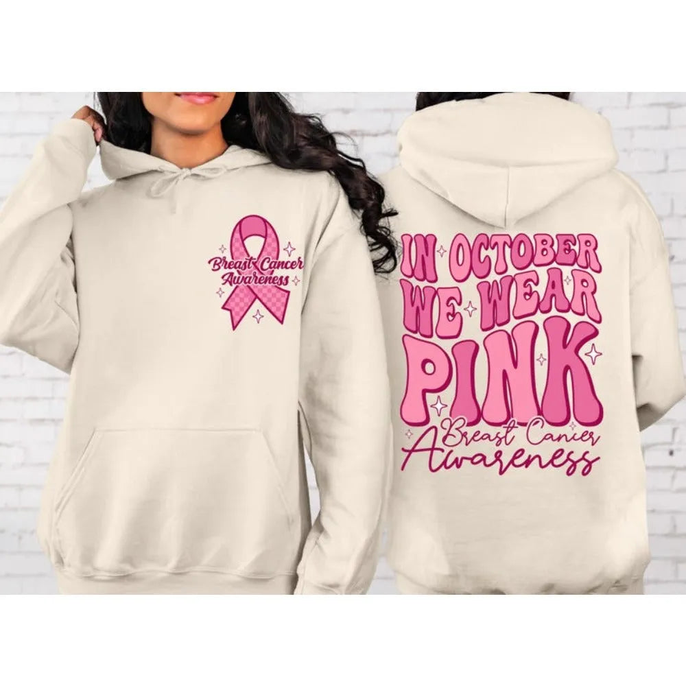 Breast Cancer Awareness hoodie sweatshirt with retro art pattern and side seam pocket