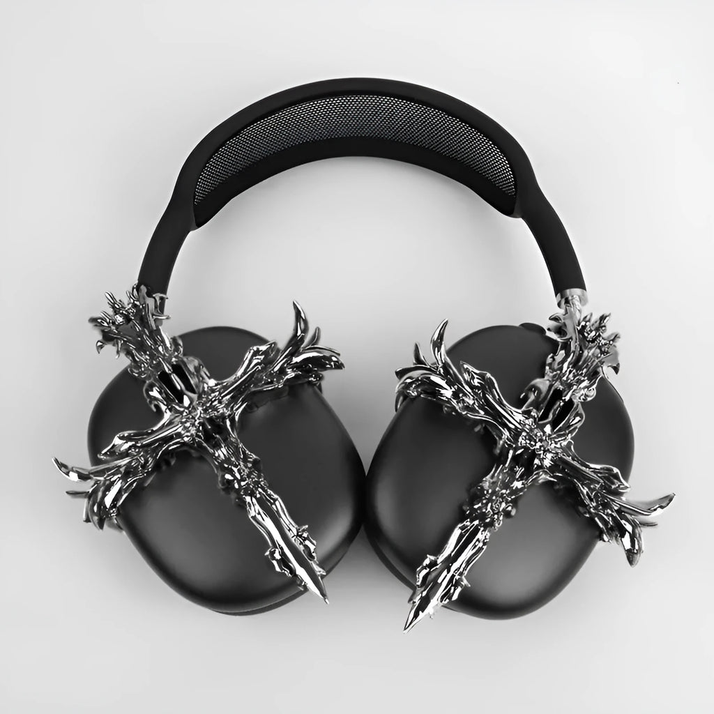Gothic cross design resin cover for Apple AirPods Max headphones in black and silver colours