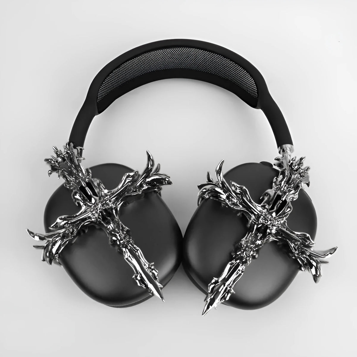 Gothic cross design resin cover for Apple AirPods Max headphones in black and silver colours