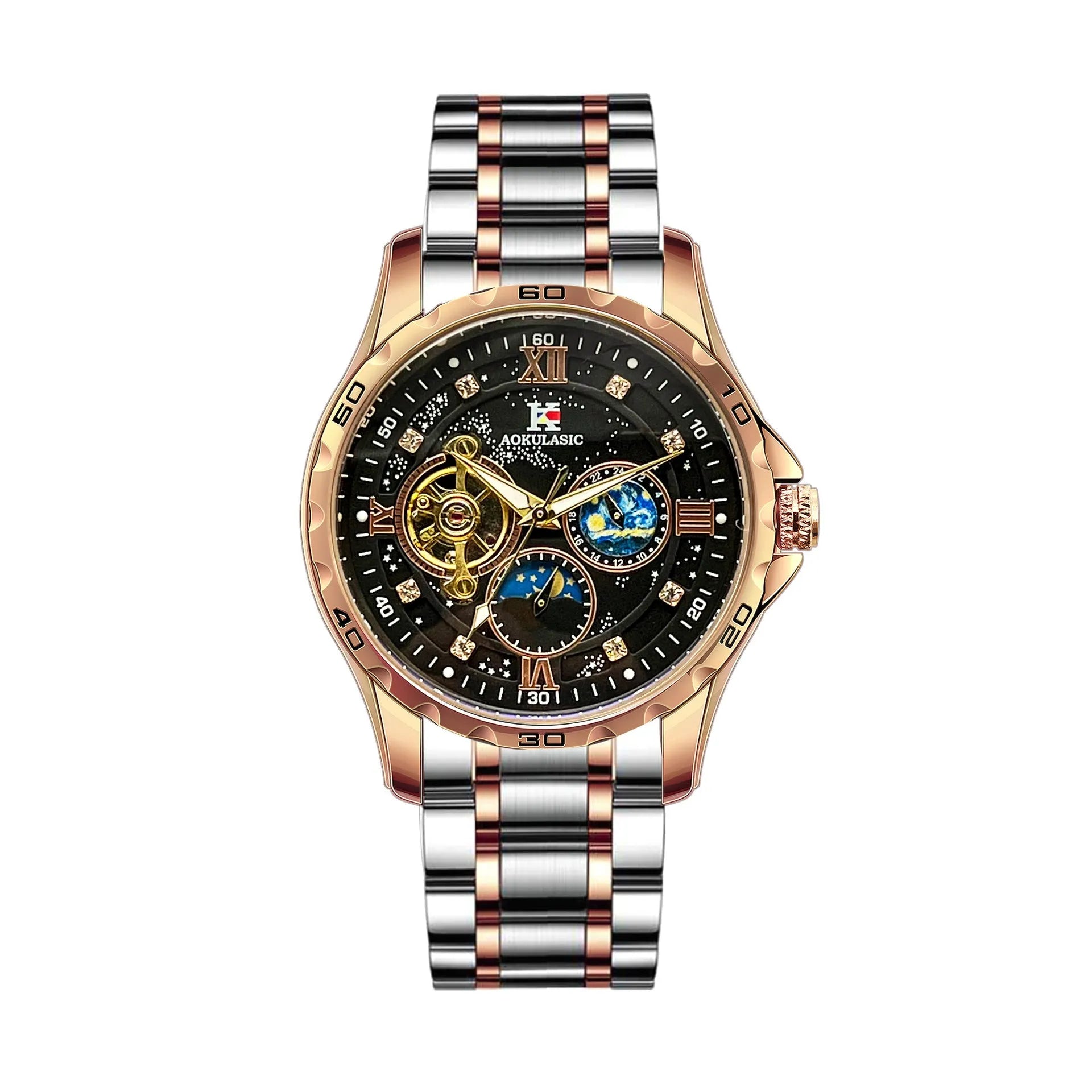Automatic mechanical men's watch with large black dial and rose gold case, showing 12mm thickness.