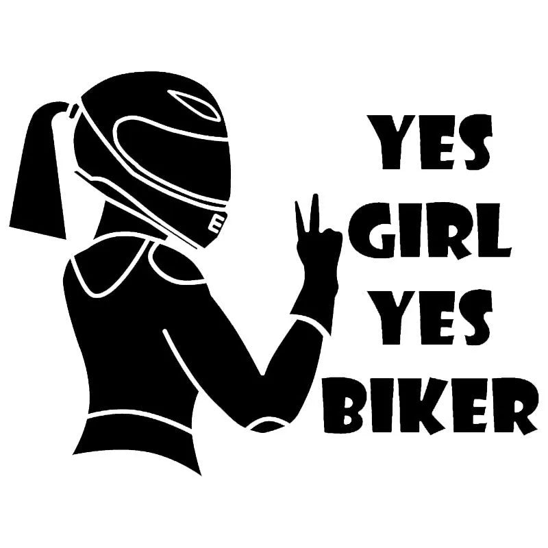 Cool Girl Rider character car sticker in black, white, or laser finish, measuring 16cm by 15cm.