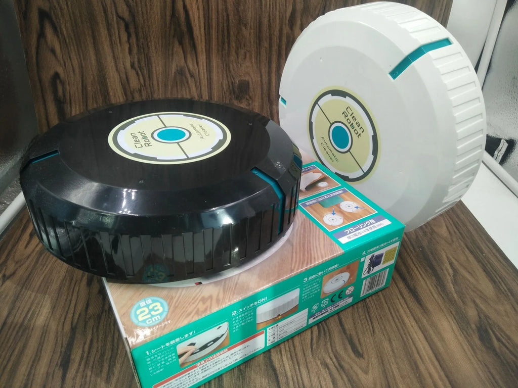 AC automatic sweeping robot vacuum cleaner for carpets and hard floors in black or white colour.