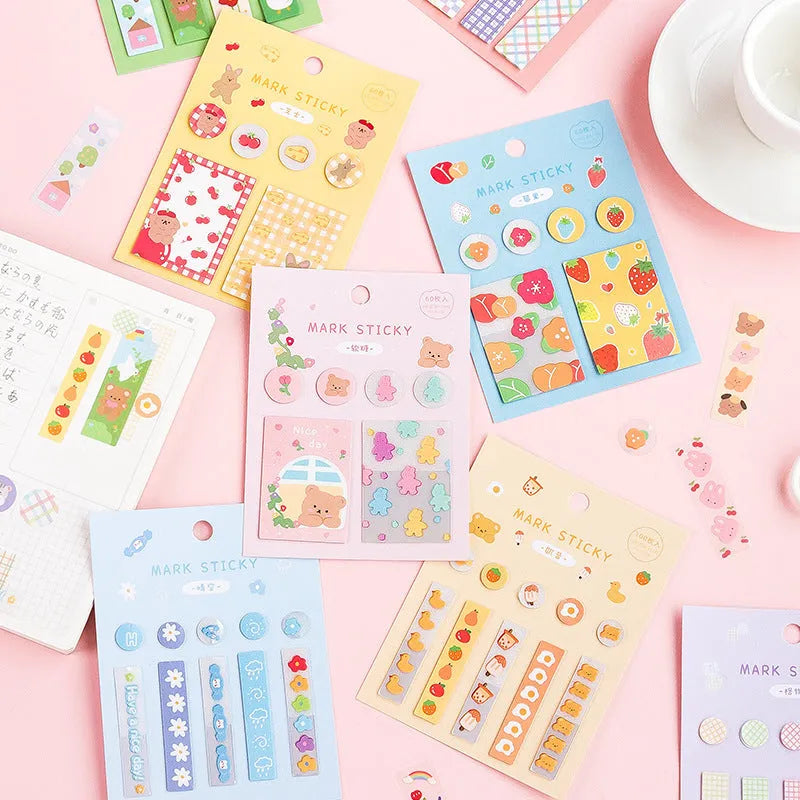 Pack of colourful PVC index stickers in sweet theme colours for page marking, showing 15mm by 50mm size.