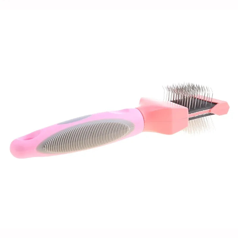 Double-sided pet brush with stainless steel bristles and ergonomic blue handle