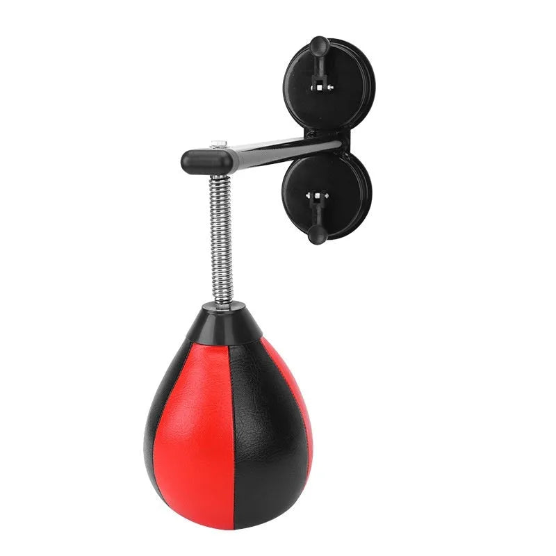 Pear-shaped inflatable boxing training ball with double suction cup mount and red-black colour design