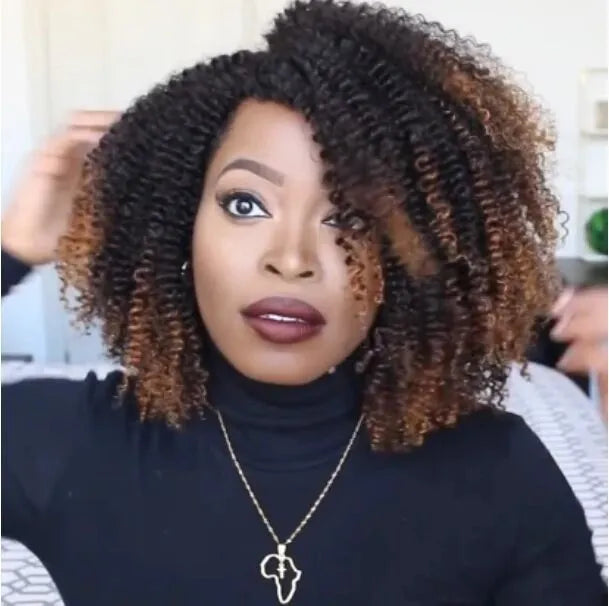 Short curly wig made of high temperature silk with long bang in black gradient brown colour on a wig stand
