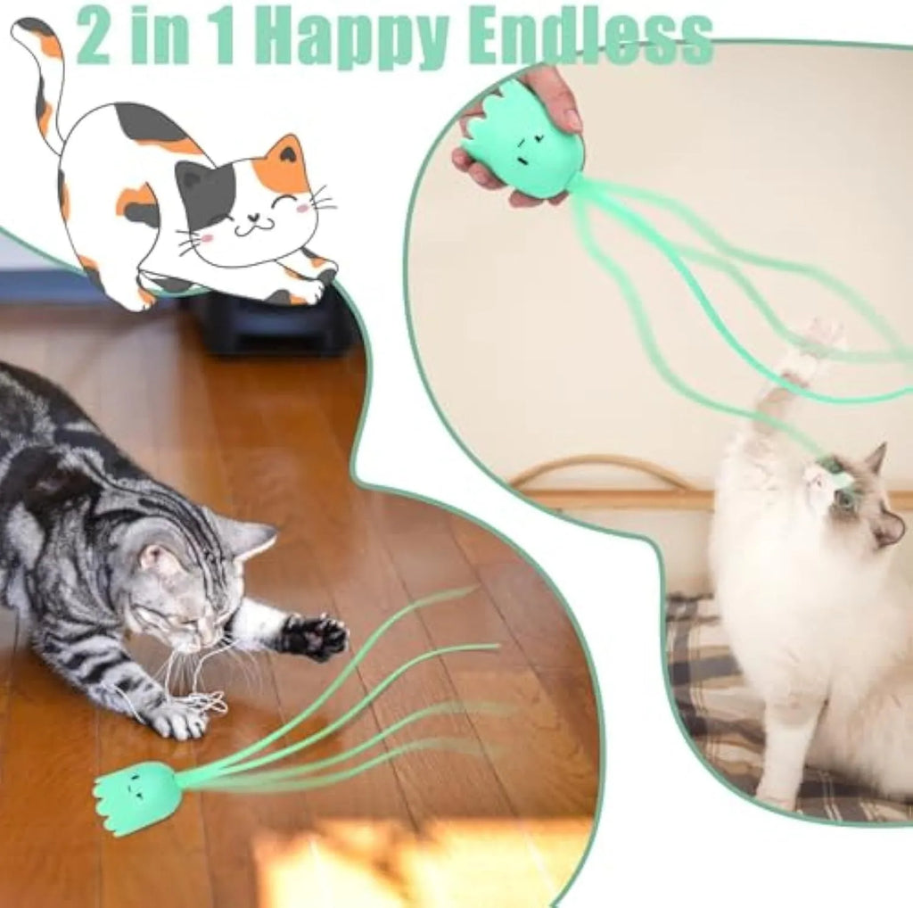Green electronic cat wand toy with wiggling silicone tail for indoor cat play