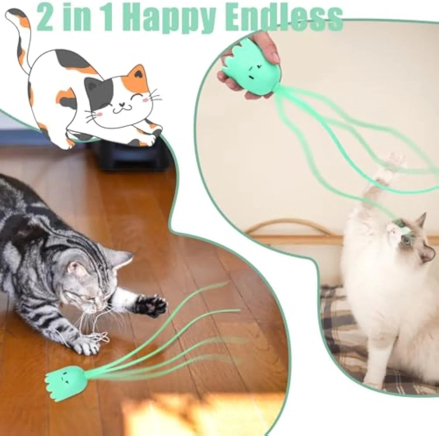 Green electronic cat wand toy with wiggling silicone tail for indoor cat play