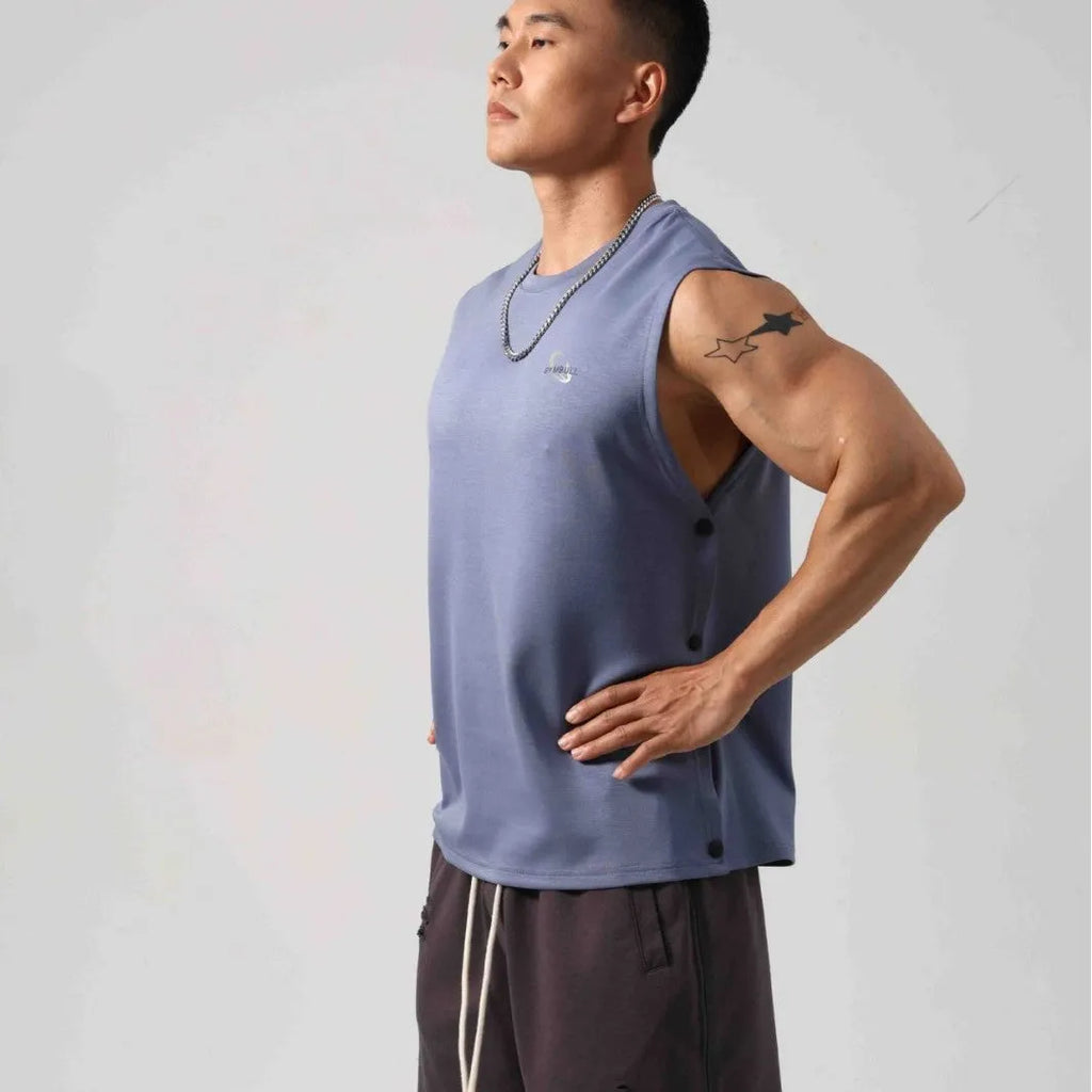Korean style men's fitness vest with hidden side hooks and loose cotton construction