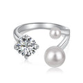 S925 sterling silver open ring with zircon and pearl inlay, electroplated platinum finish, adjustable opening