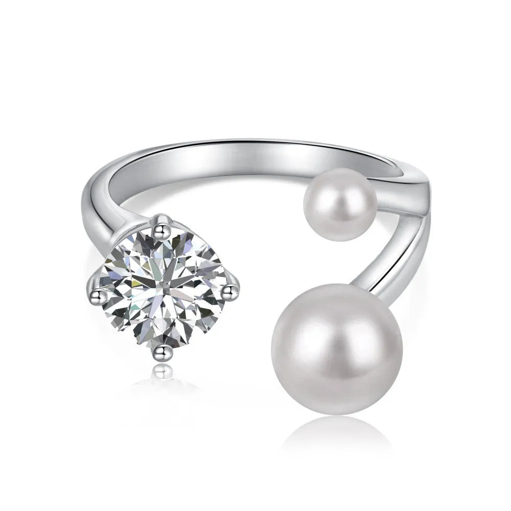 S925 sterling silver open ring with zircon and pearl inlay, electroplated platinum finish, adjustable opening