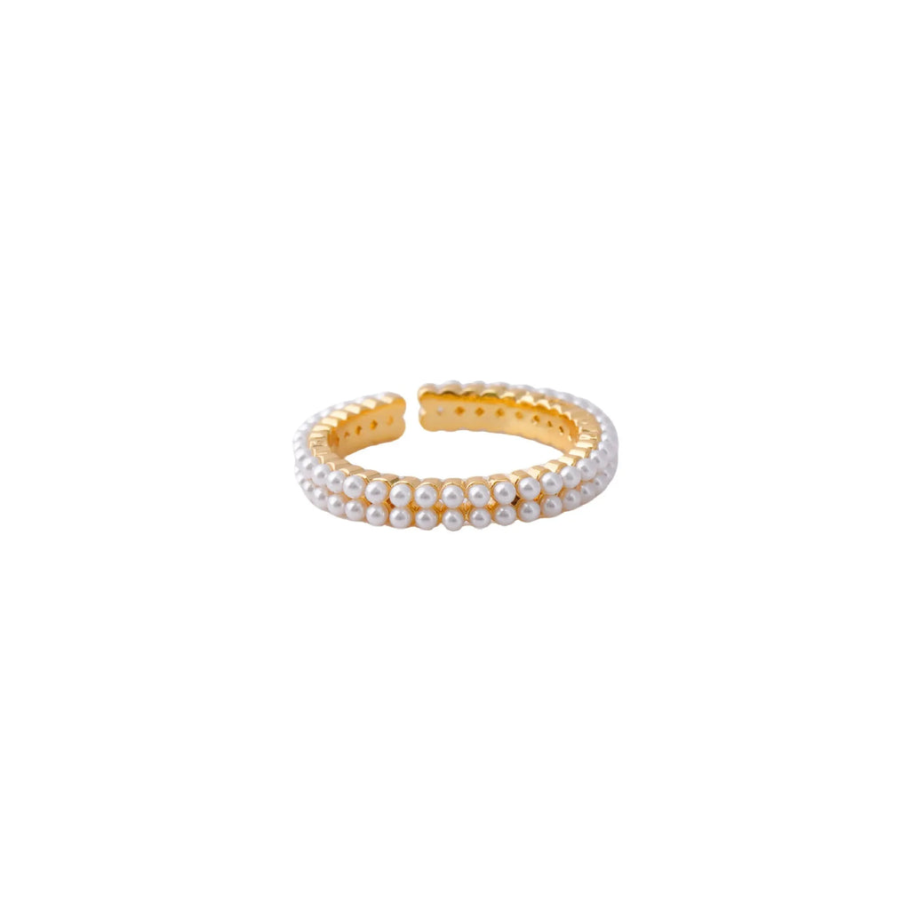 Gold geometric women's ring with a round pearl and open mouth adjustable design.