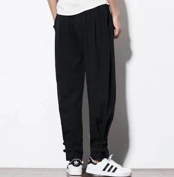 Men's linen harem pants in blue, loose vintage joggers with drawstring waist, sizes M to 5XL