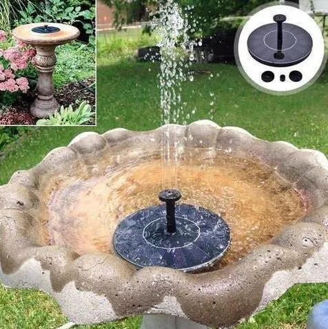 Black solar-powered water fountain pump with four spray nozzles on a 16x16cm base.