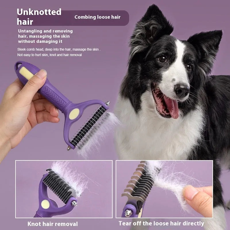 Purple double-sided pet grooming comb for detangling knots and brushing dog and cat fur