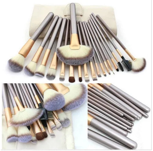 Set of rice white Persian hair make-up brushes with champagne-colour handles, available in 12, 18, or 24 pieces