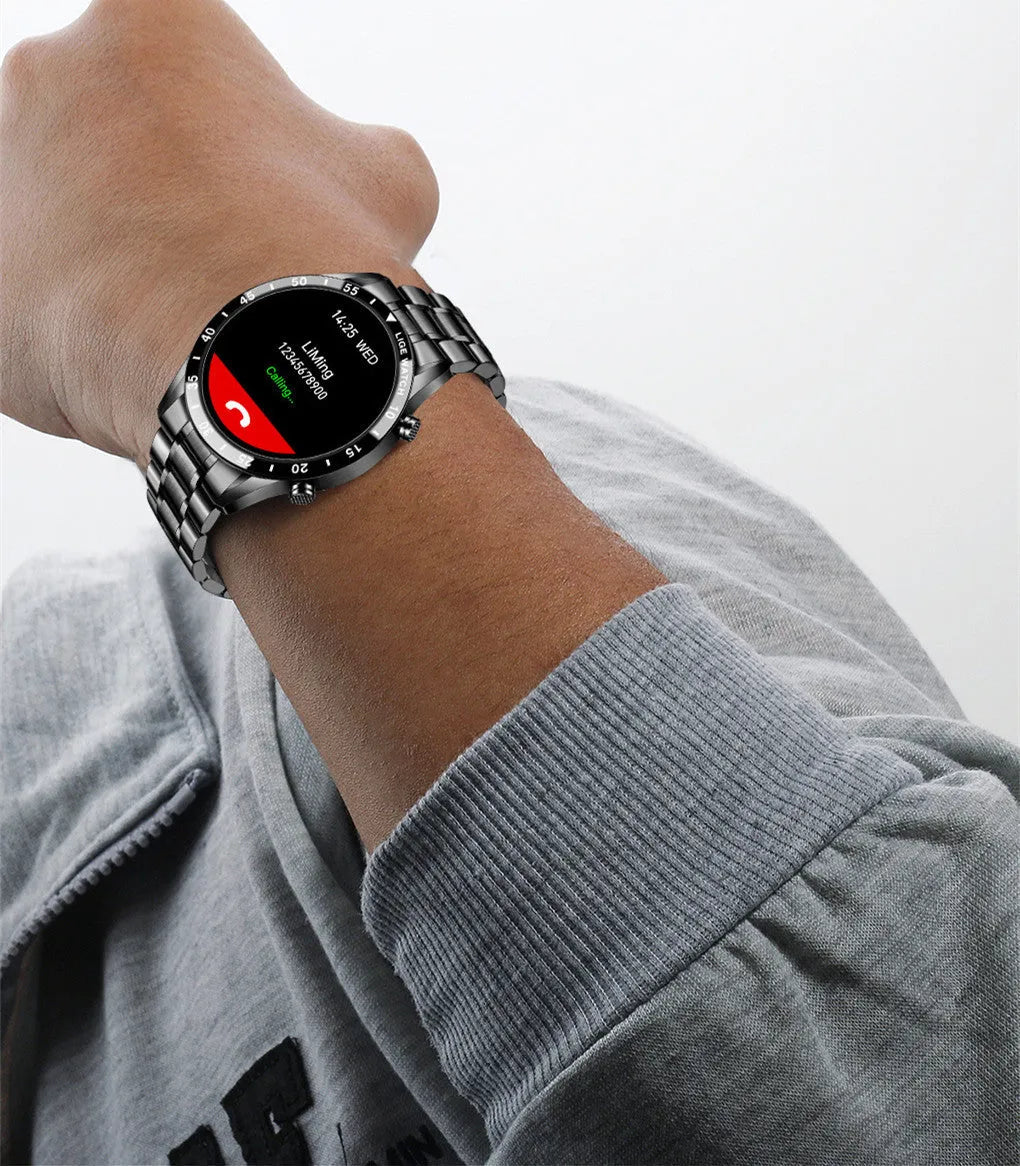 Smart watch with stainless steel band and 1.3 inch touch screen showing fitness tracking display