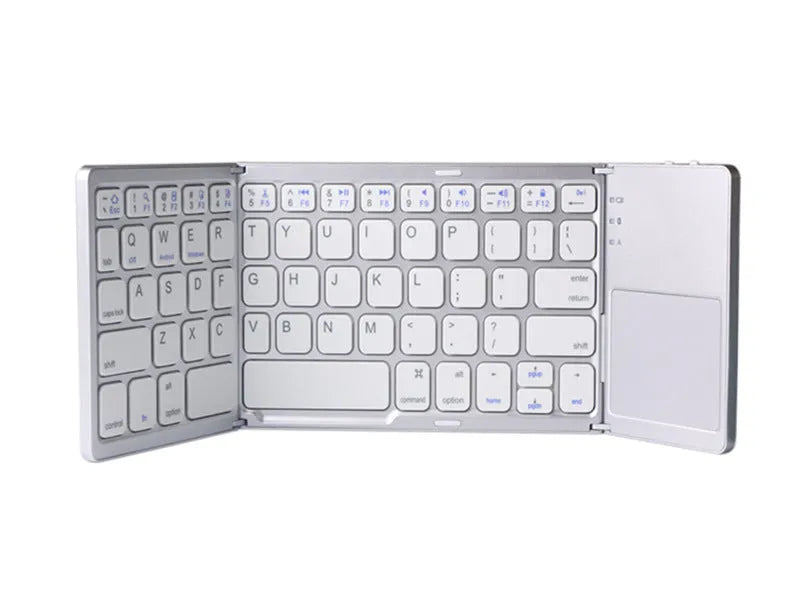 Tri-fold folding Bluetooth keyboard shown both open and closed, with integrated touchpad