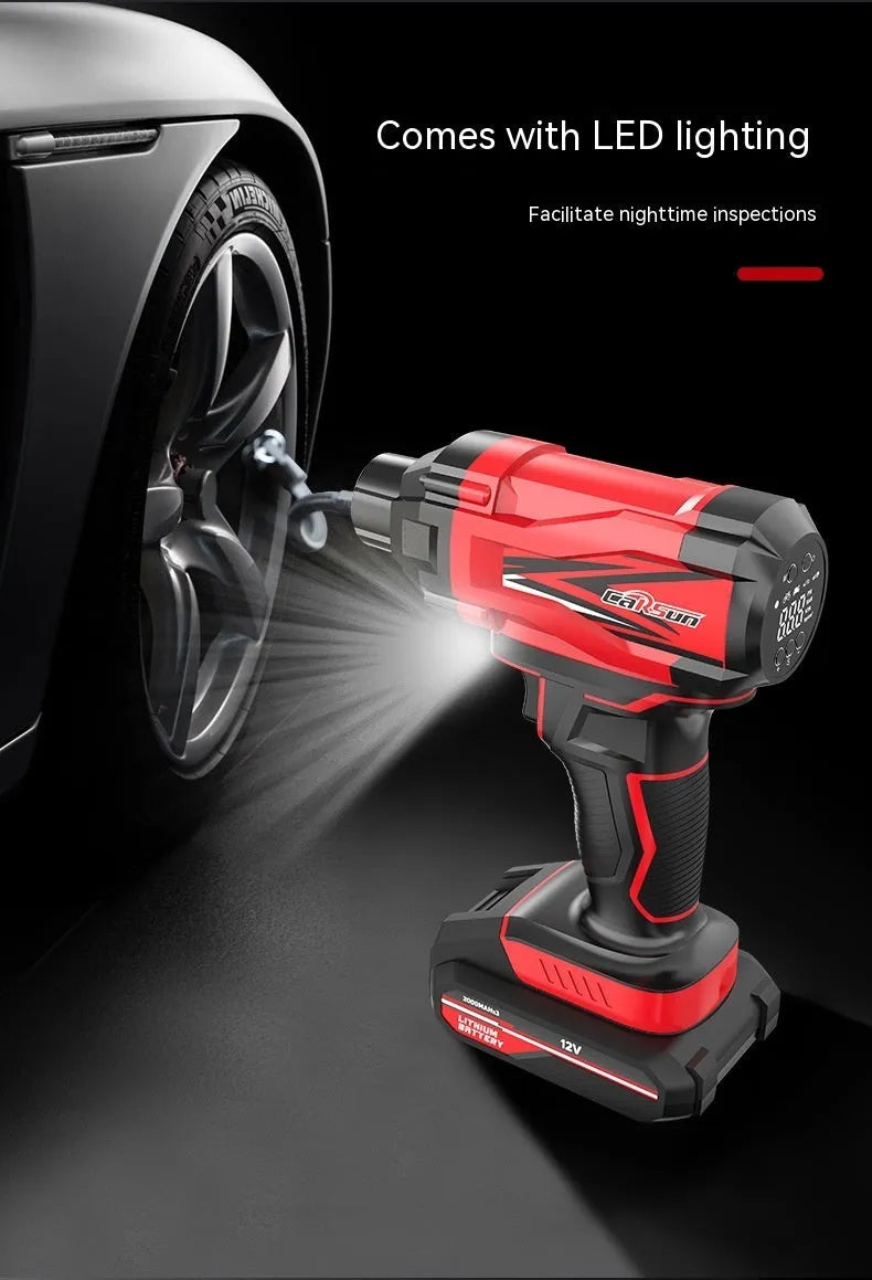 Red and black portable car tyre air pump with power cable and multiple nozzle attachments